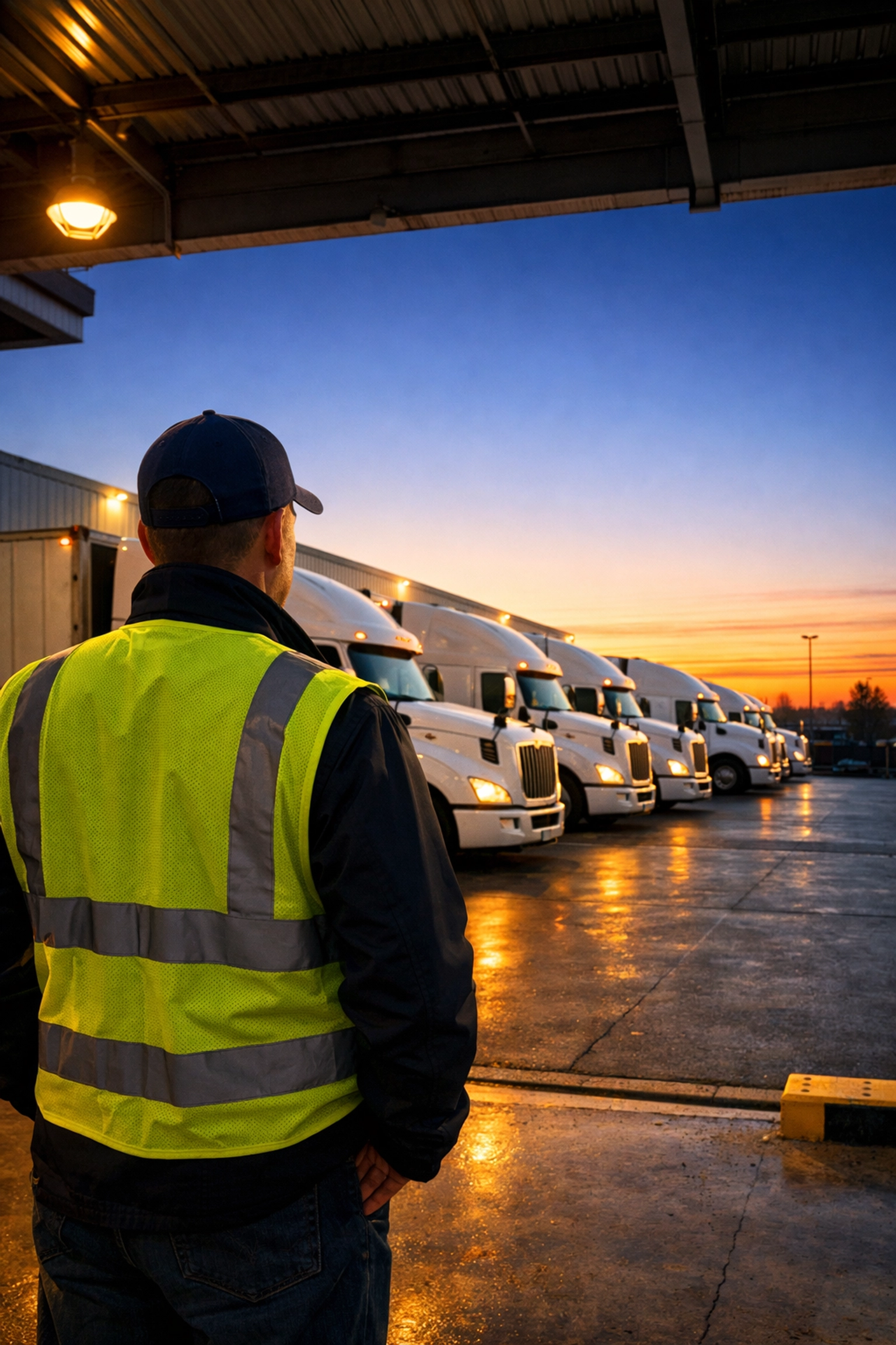 Professional logistics manager overlooking a fleet of trucks at a warehouse loading dock during sunrise.
