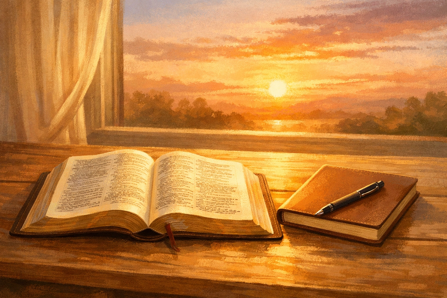 Open Bible with journal on wooden table representing biblical truth and peace