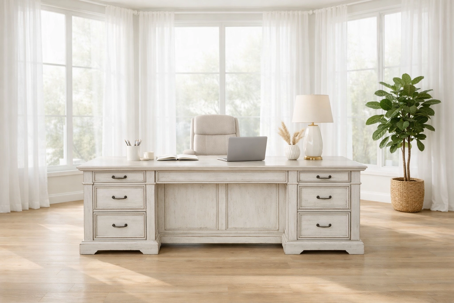 Weathered white executive desk floating in a bright modern home office for a professional CEO look.