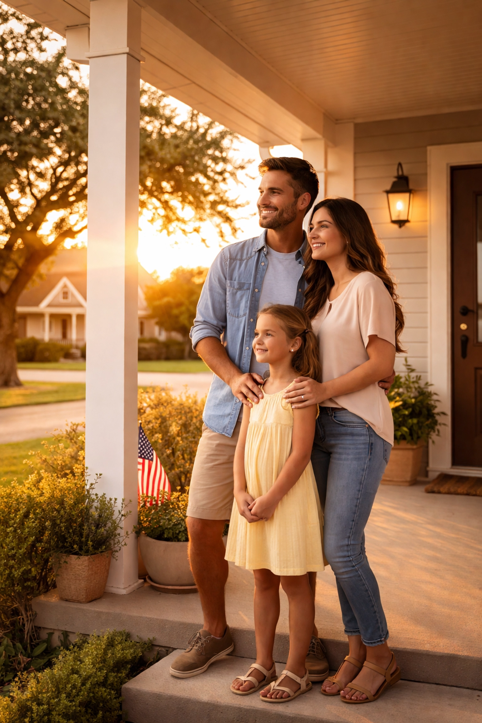Young Texas family on front porch at sunset, optimistic about financial freedom after clearing credit collections