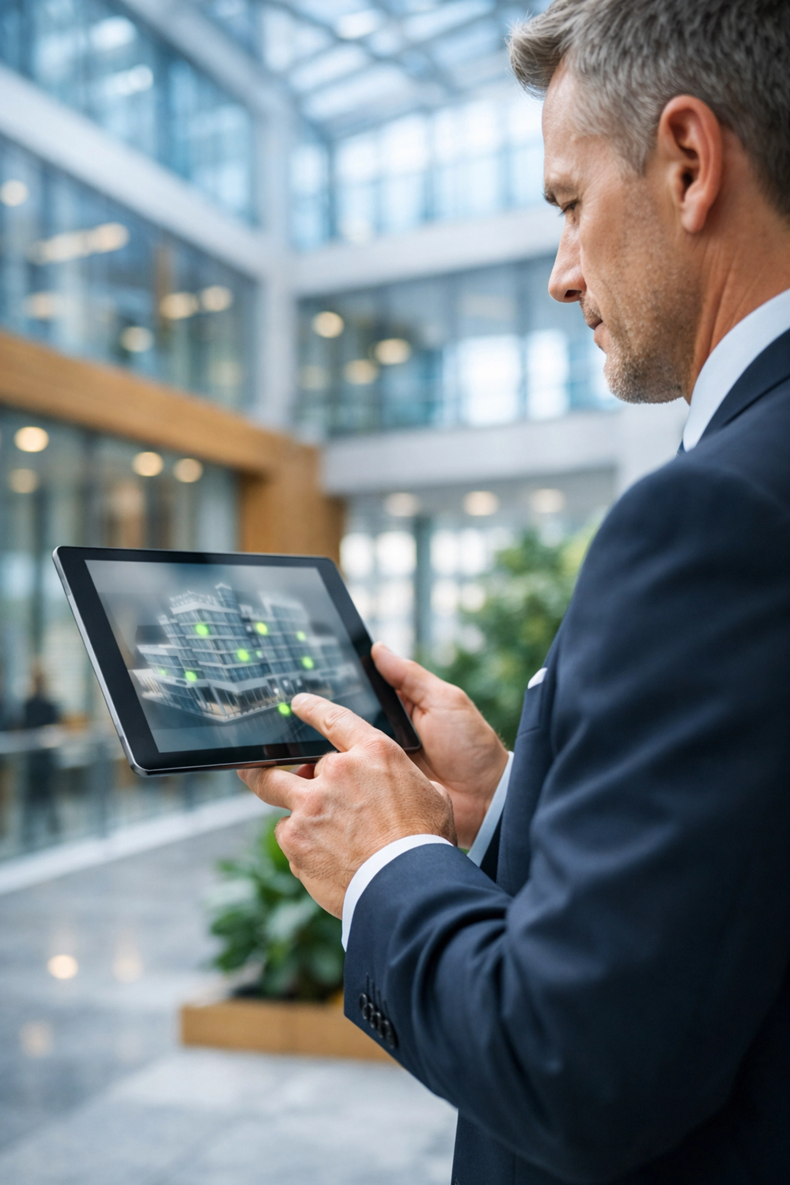 Facility manager using a tablet to monitor real-time data for integrated facilities management in a modern office.