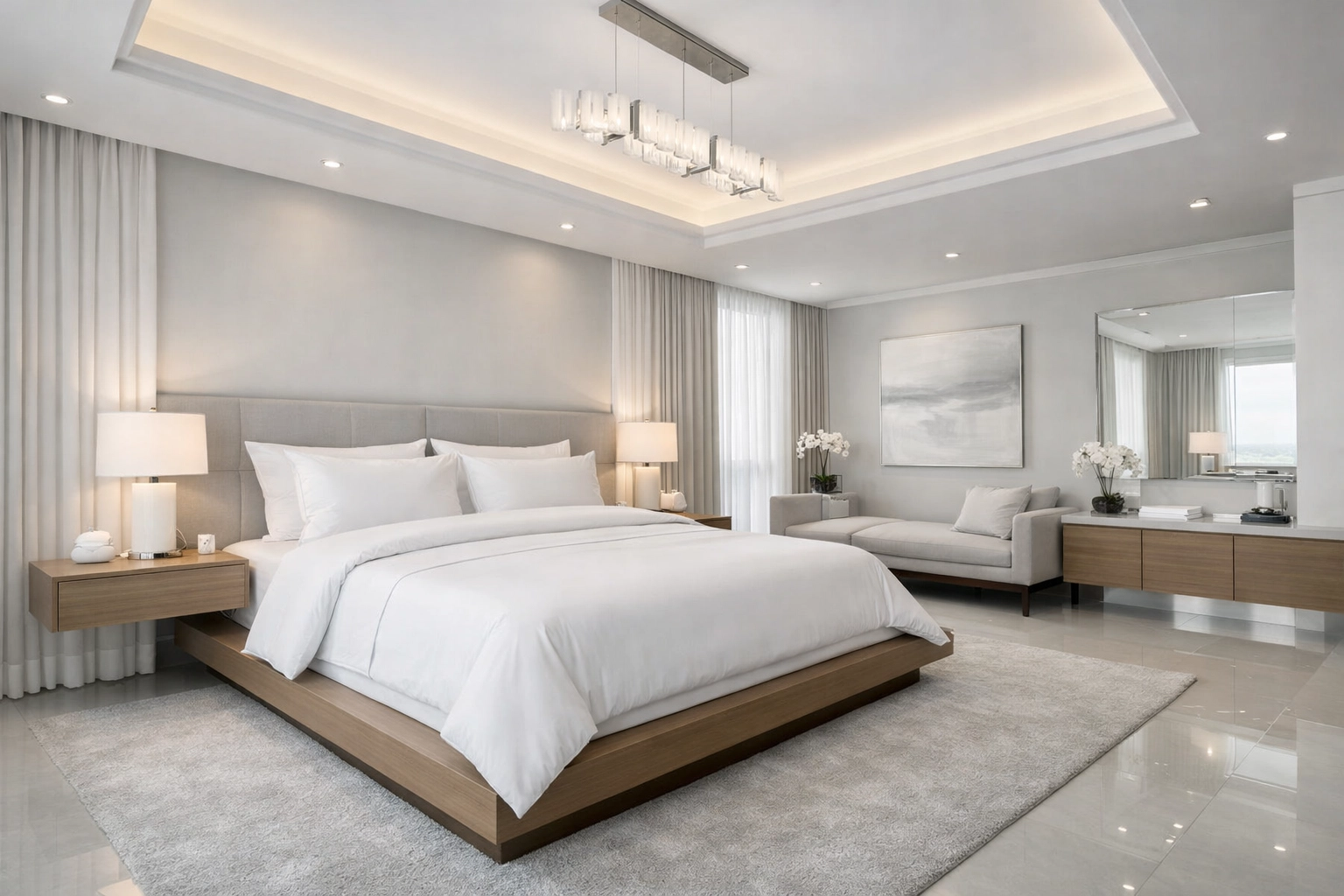 Spotless luxury bedroom illustrating the benefits of a consistent weekly house cleaning.