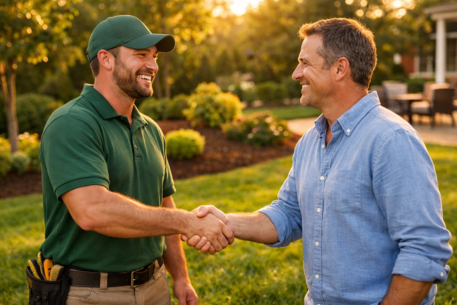 Landscaper shaking hands with satisfied homeowner showing strong customer retention