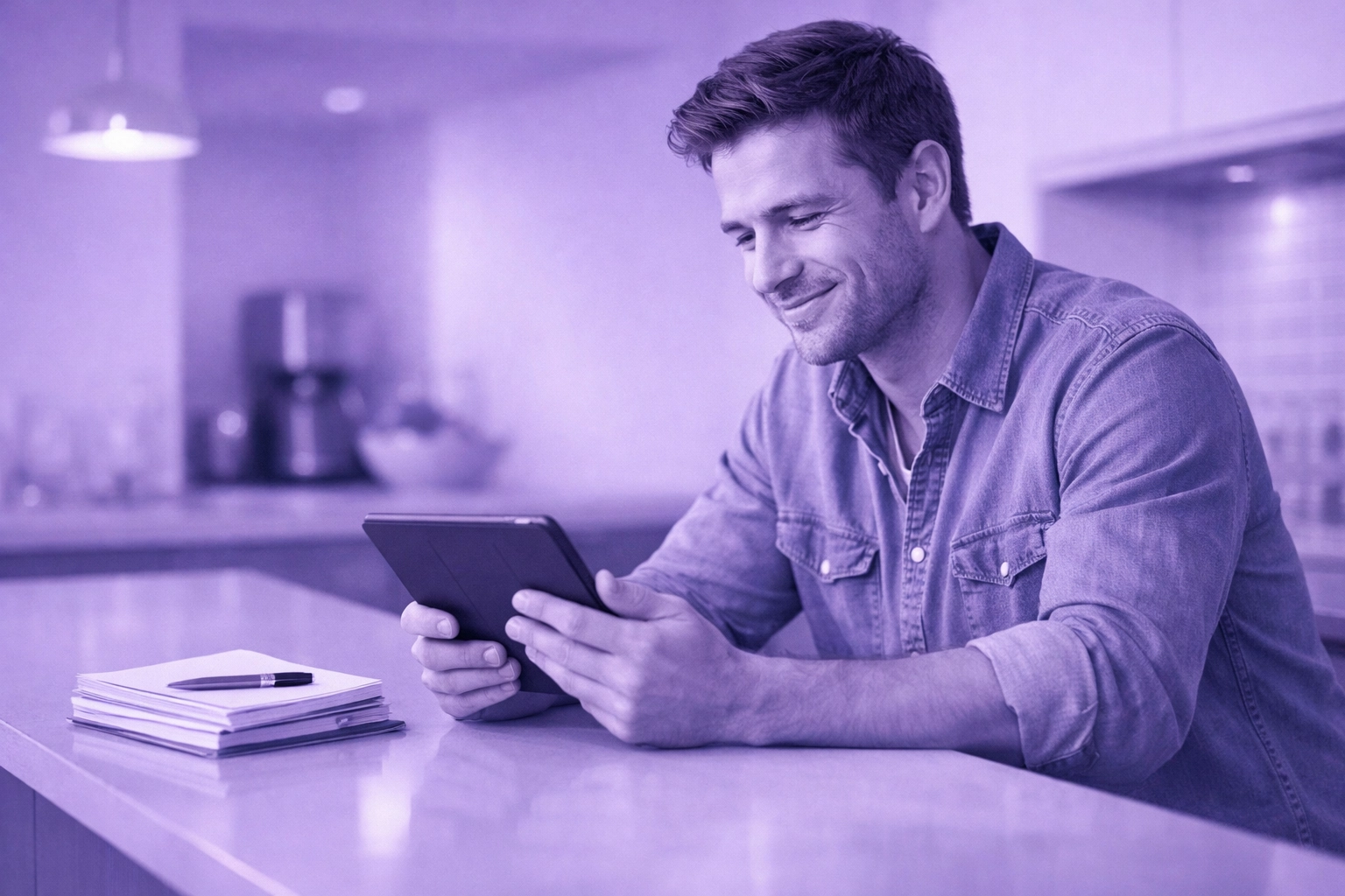 Relieved man using a tablet to secure a $1,500 payday loan online for emergency expenses.