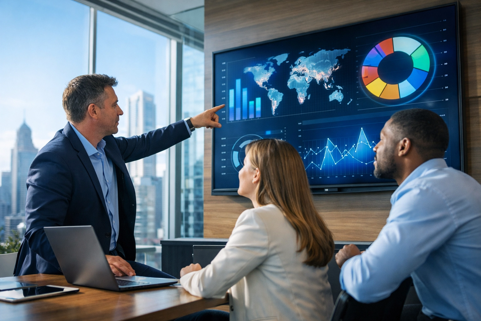 Specialized media consultants collaborating on digital transformation and audience engagement strategies.