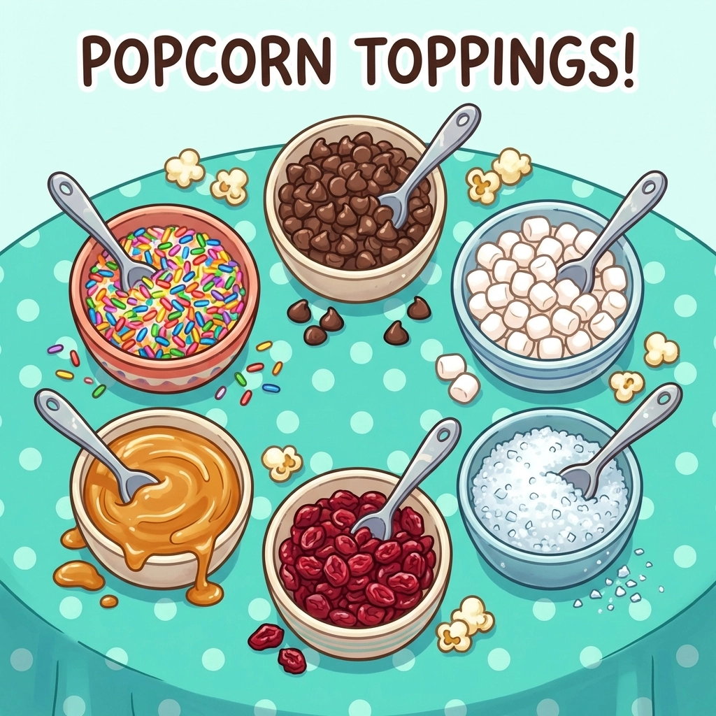 Cartoon topping station for a popcorn bar featuring sweet and savoury options, ideal for popcorn gifts.
