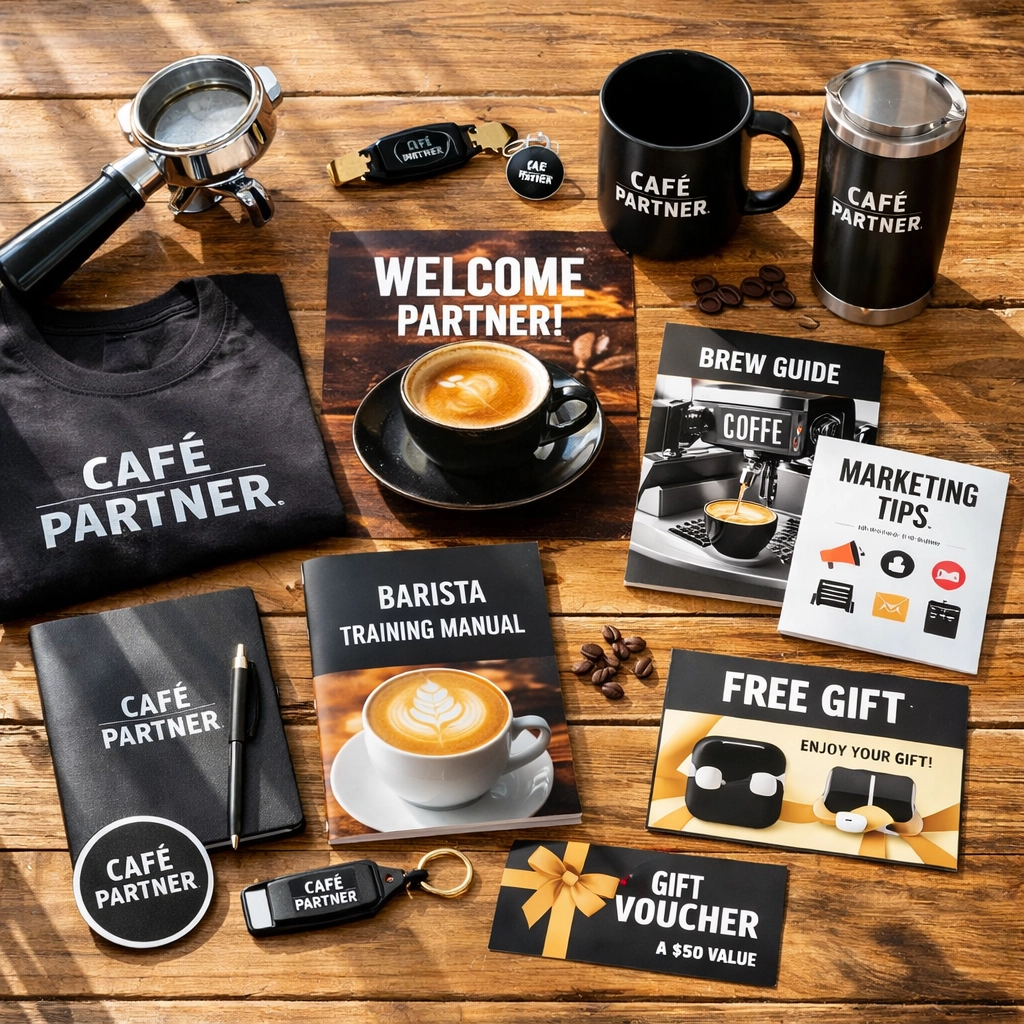 Coffee supplier welcome package with espresso equipment and promotional materials