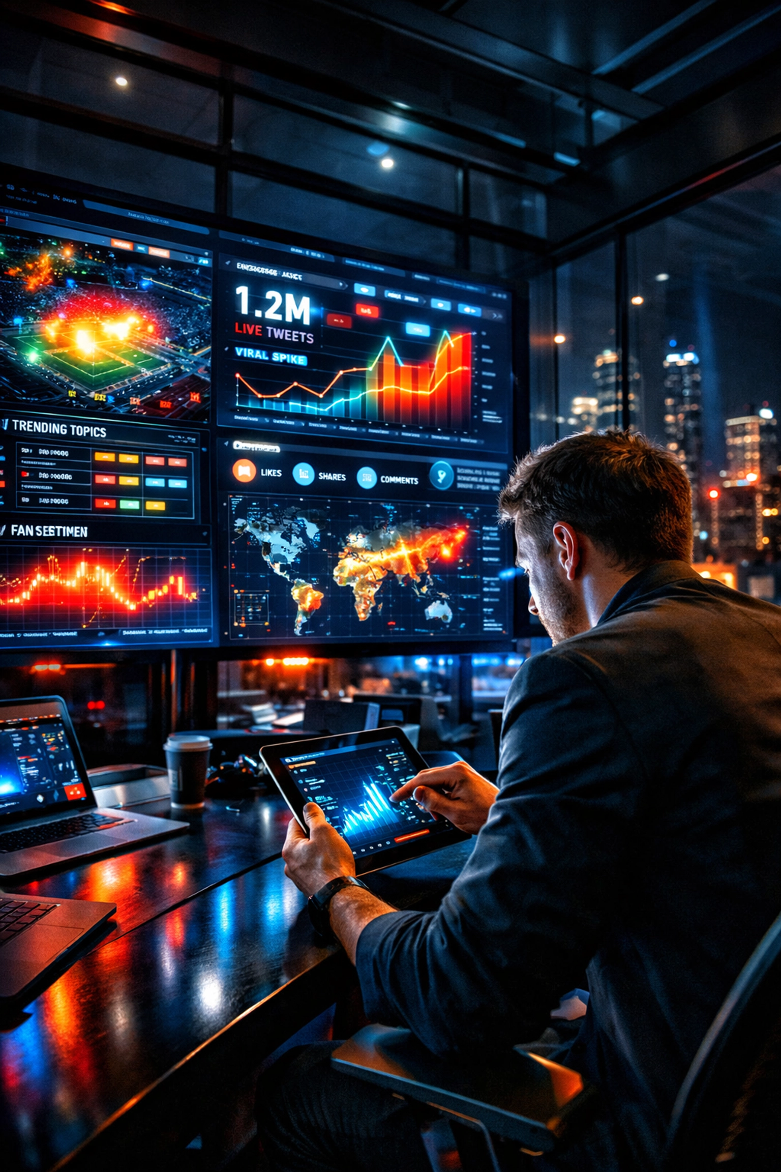 Digital marketing command center tracking real-time sports analytics and athlete social media performance.