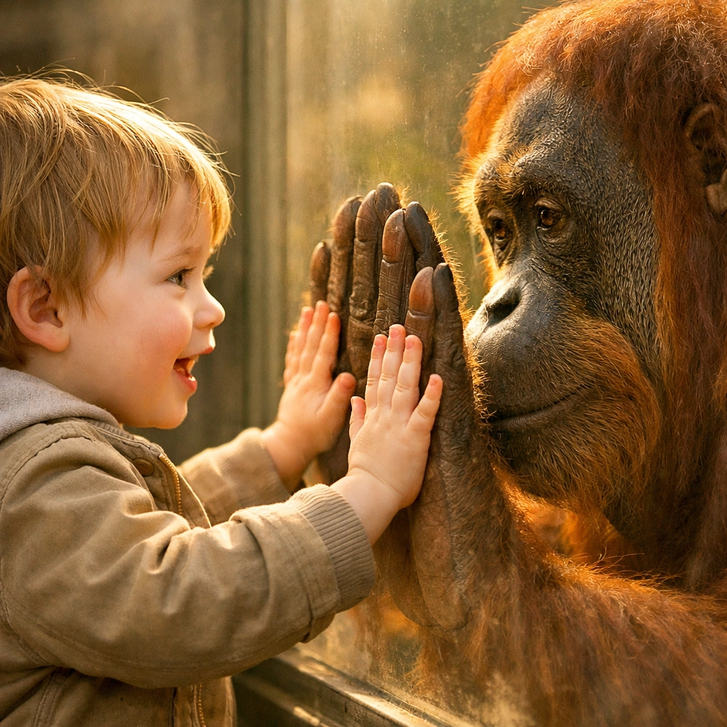 Child and orangutan touching hands through glass at zoo exhibit creating connection