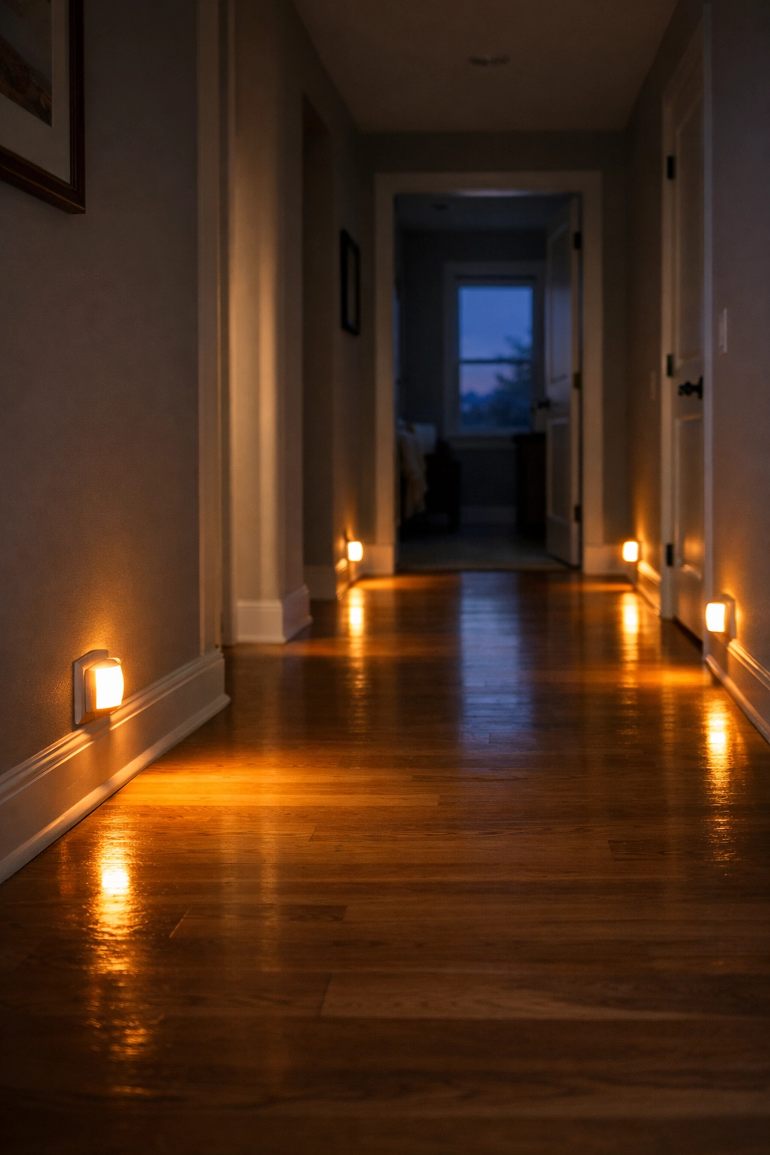 Motion-sensor nightlights illuminating a clear hallway path to improve nighttime home safety for seniors.