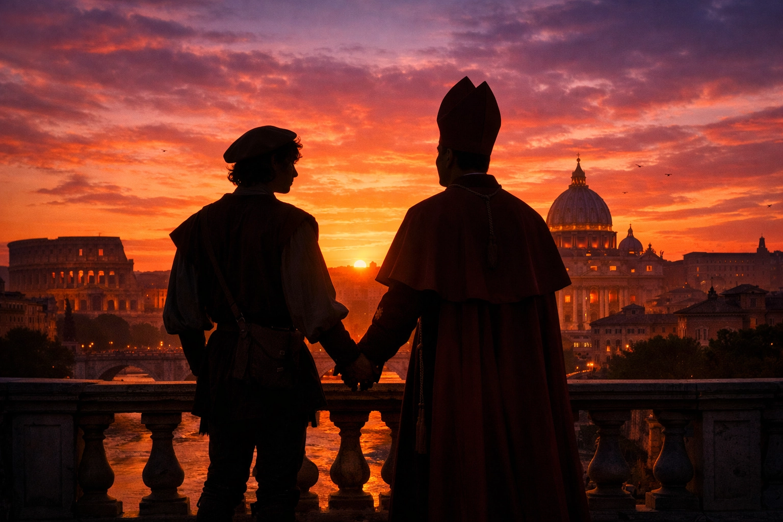 Gay lovers holding hands on a balcony overlooking the Renaissance Rome skyline at sunset.