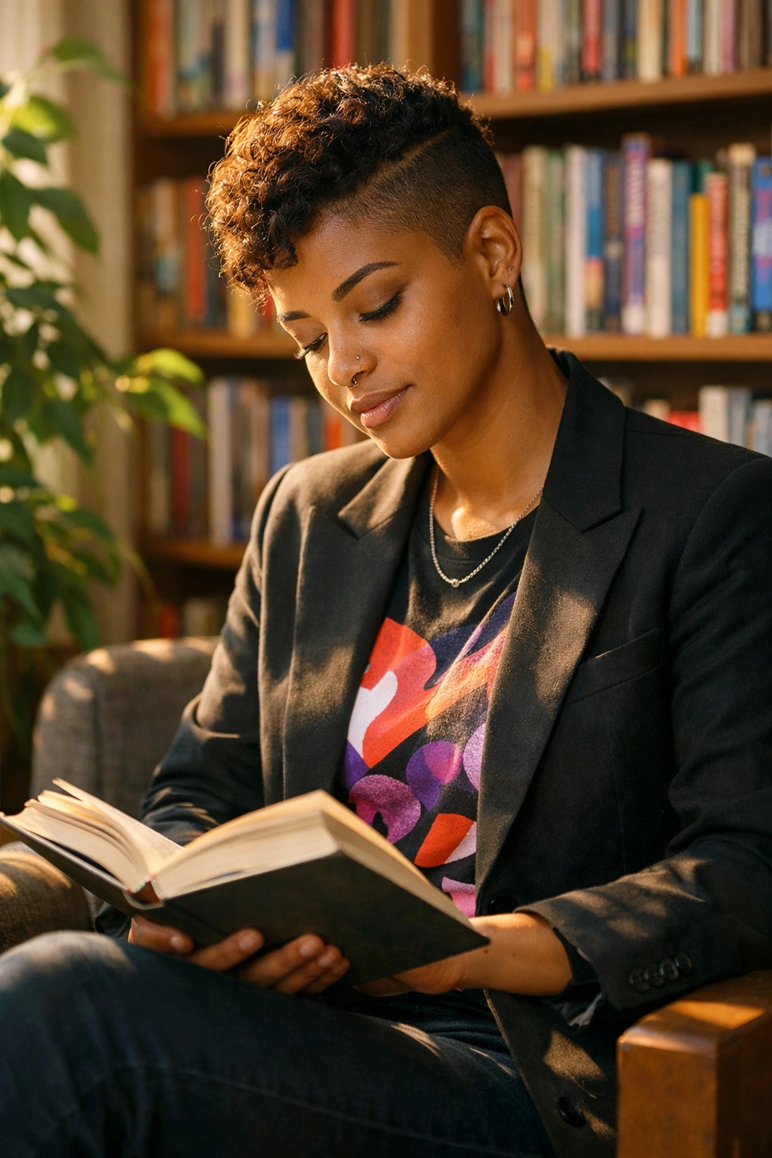 A non-binary professional reading in a library, exploring personal growth through queer fiction and leadership books.