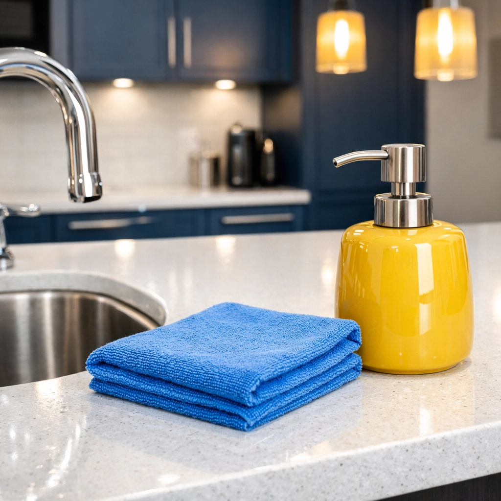 A pristine office breakroom with sparkling quartz countertops and modern blue cabinetry after deep cleaning.