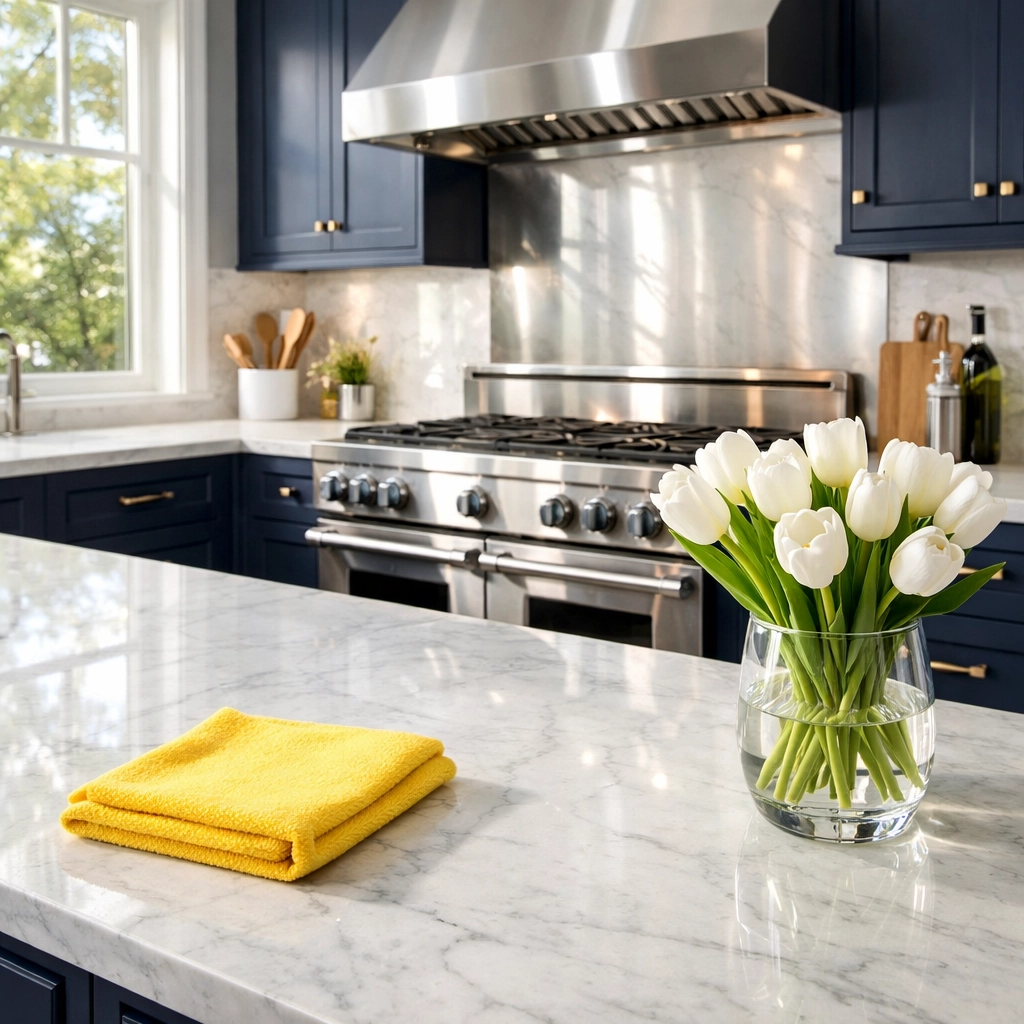 Pristine luxury house cleaning Southborough MA in a modern kitchen with marble countertops and navy cabinets.