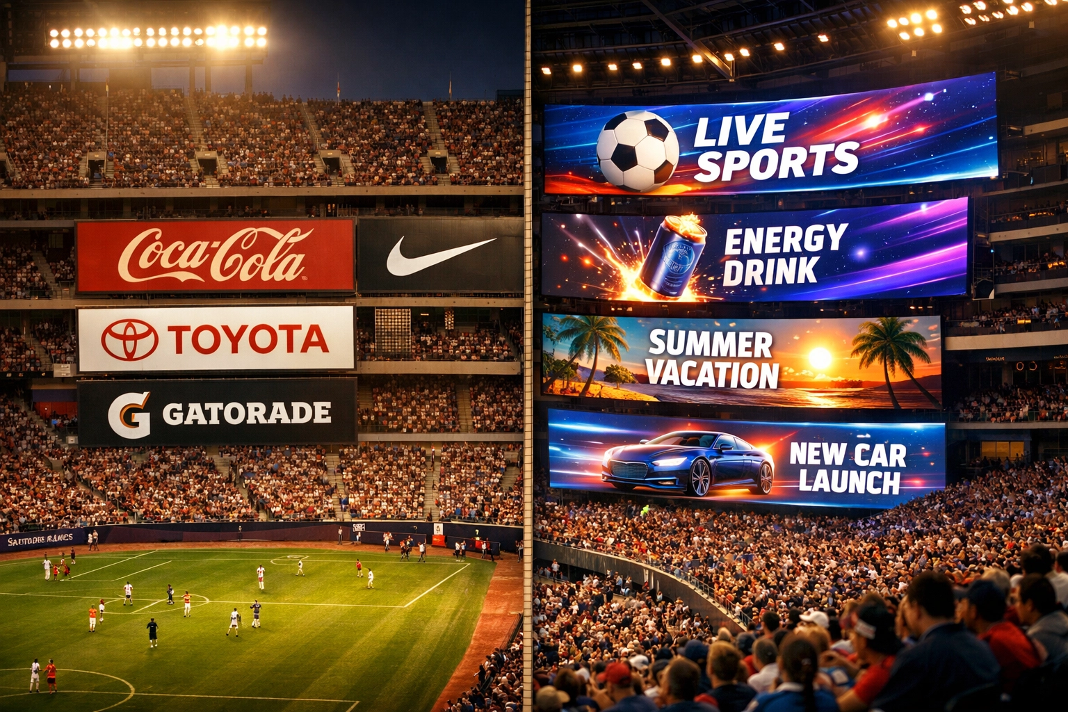 Stadium interior showing static billboards and digital DOOH screens side by side during game