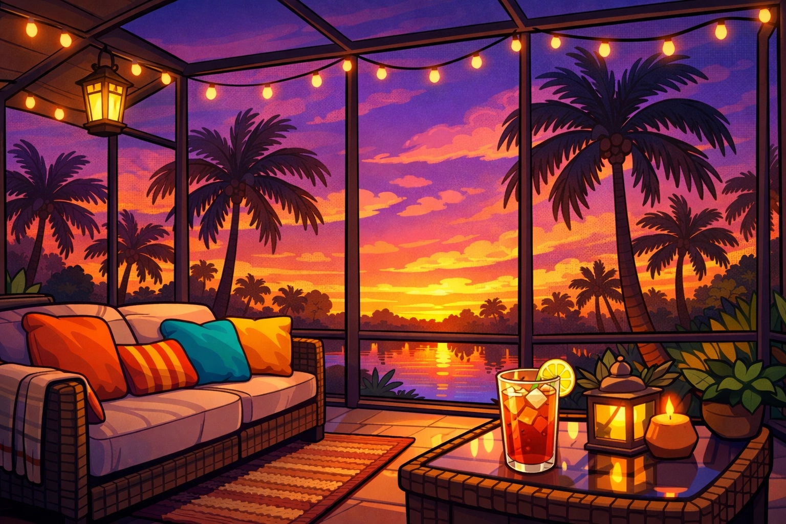 Cozy interior of a modern aluminum screen room at sunset, creating a relaxing backyard sanctuary.