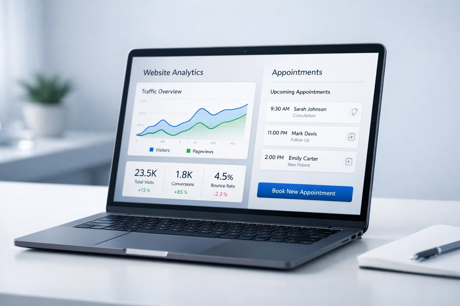 Laptop showing website analytics and online appointment booking system