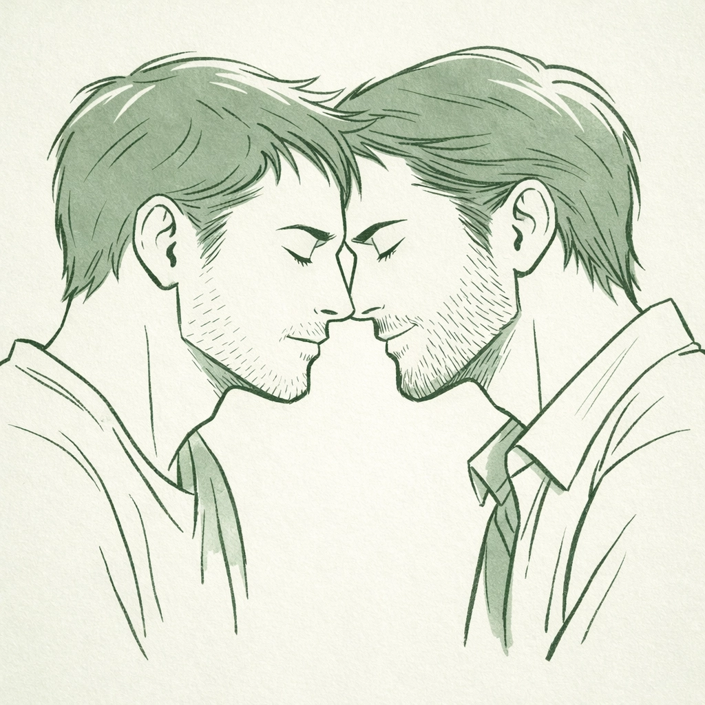 Two men sharing intimate moment before first kiss in gay romance story