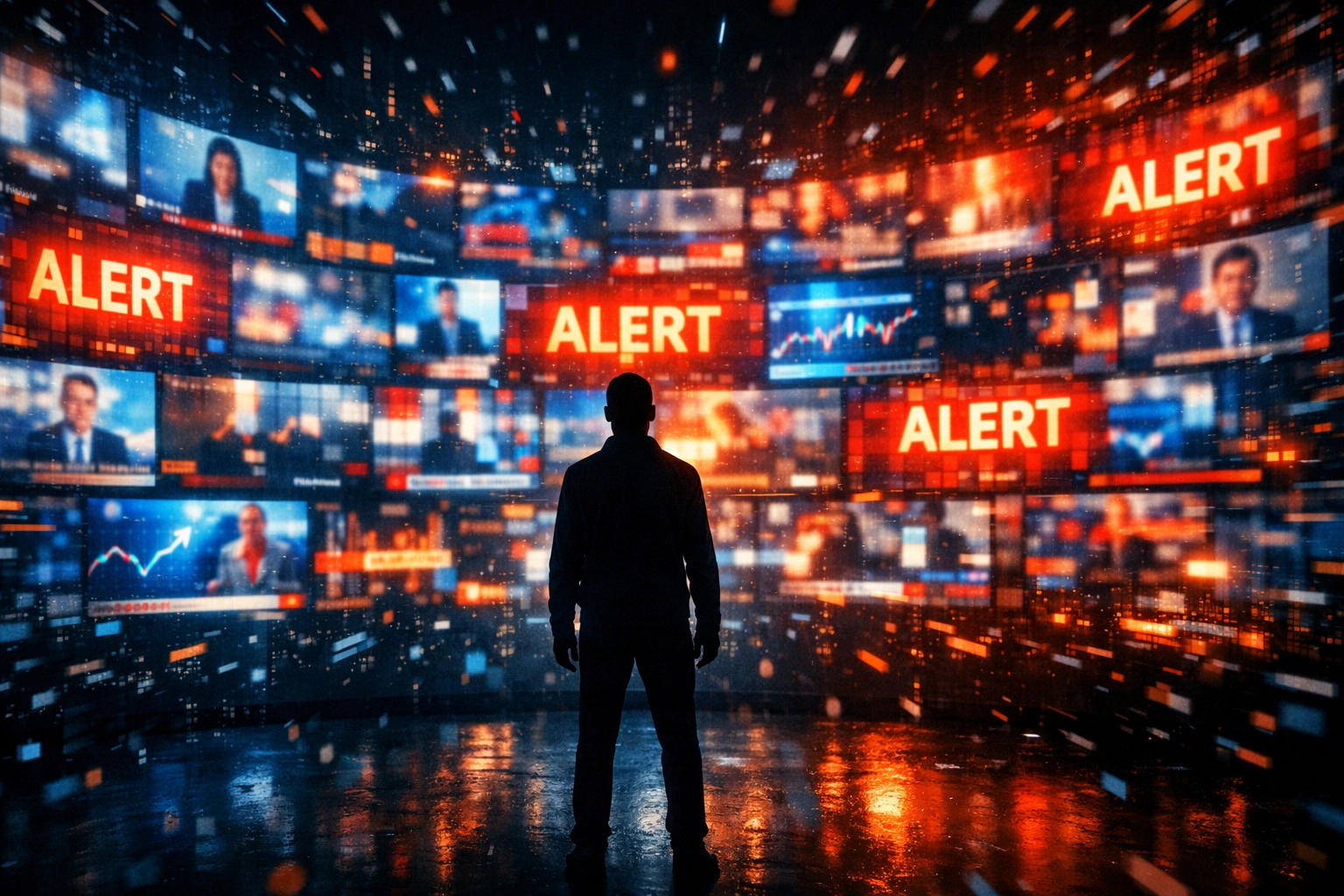 Person facing a chaotic wall of digital news alerts and glowing screens, representing information overload.