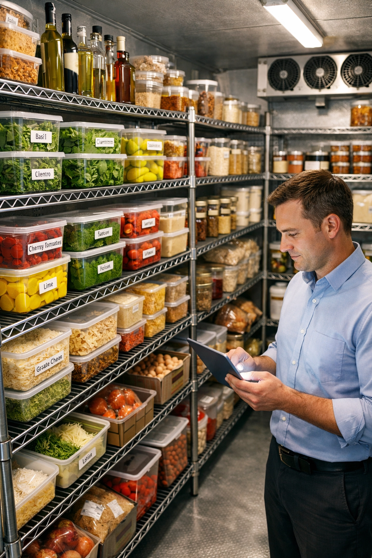 Restaurant manager reviewing inventory on a tablet in an organized walk-in cooler to reduce operational waste.