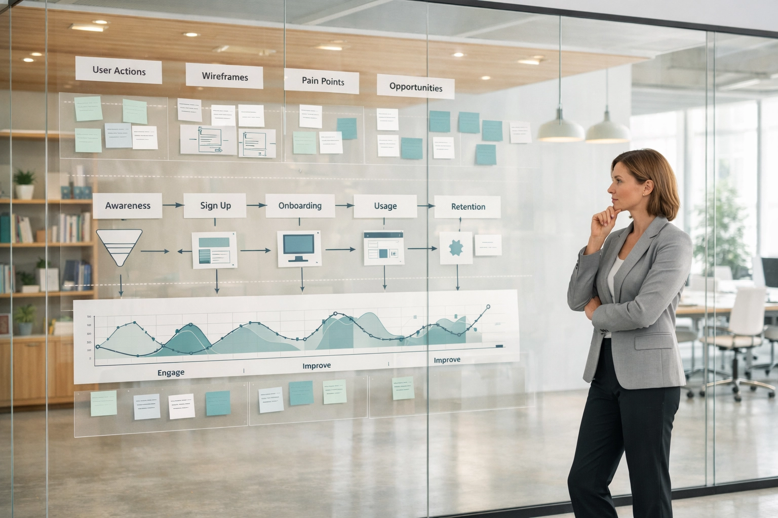 Professional woman reviewing user journey maps in an innovation lab to establish transformation benchmarks.