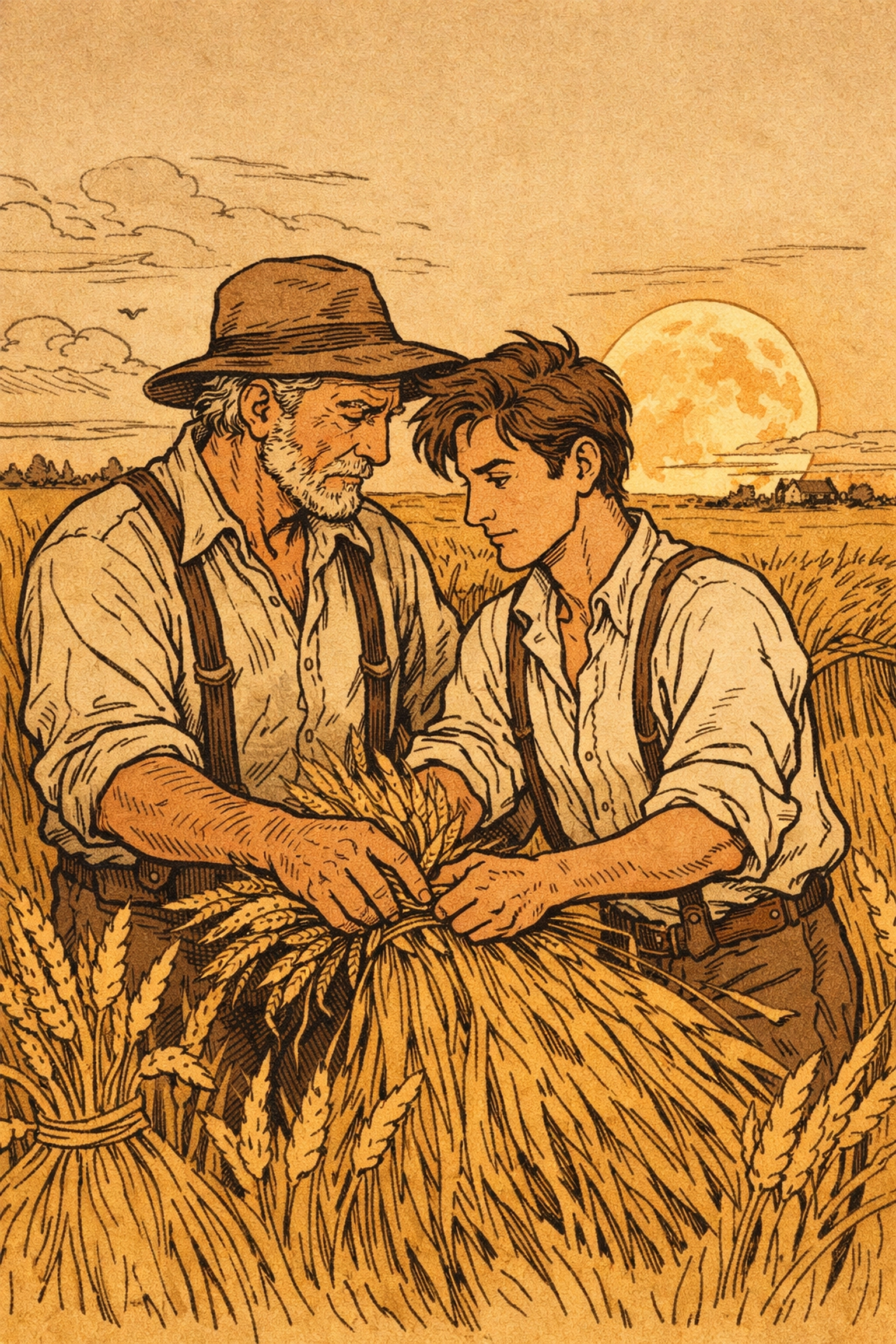 1880s farmer and drifter working together in Kansas wheat field under harvest moon MM romance