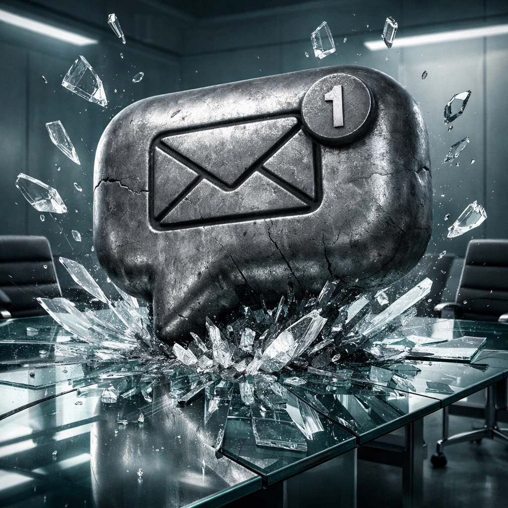 A heavy lead balloon shattering a glass table, depicting the failure of a non-responsive business strategy.