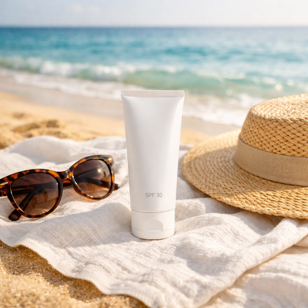Sun Shades mineral-based sunscreen on a beach towel for non-toxic summer sun protection.