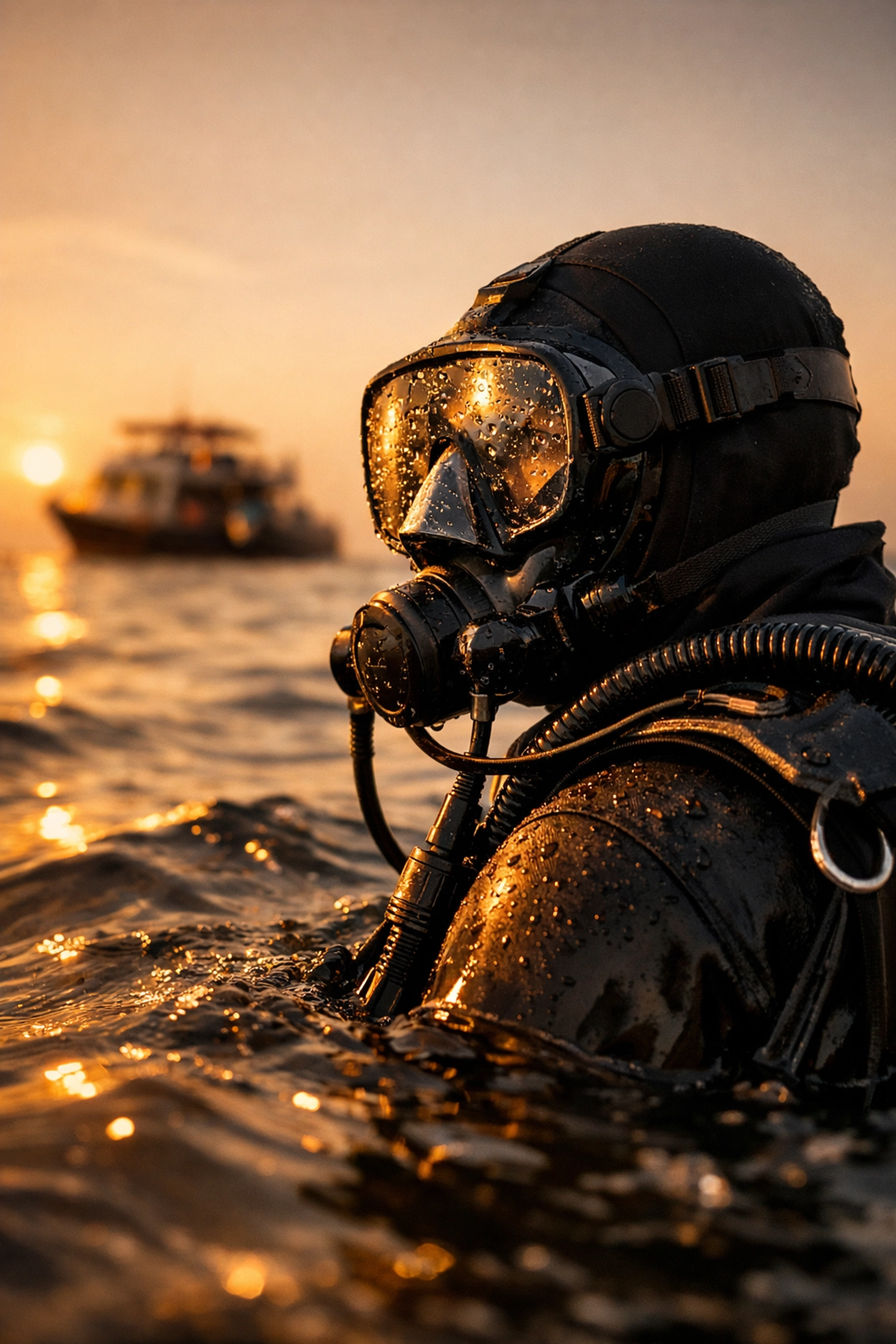 Sporttaucher mit Vollgesichtsmaske und Tauchausrüstung an der Wasseroberfläche im warmen Abendlicht.