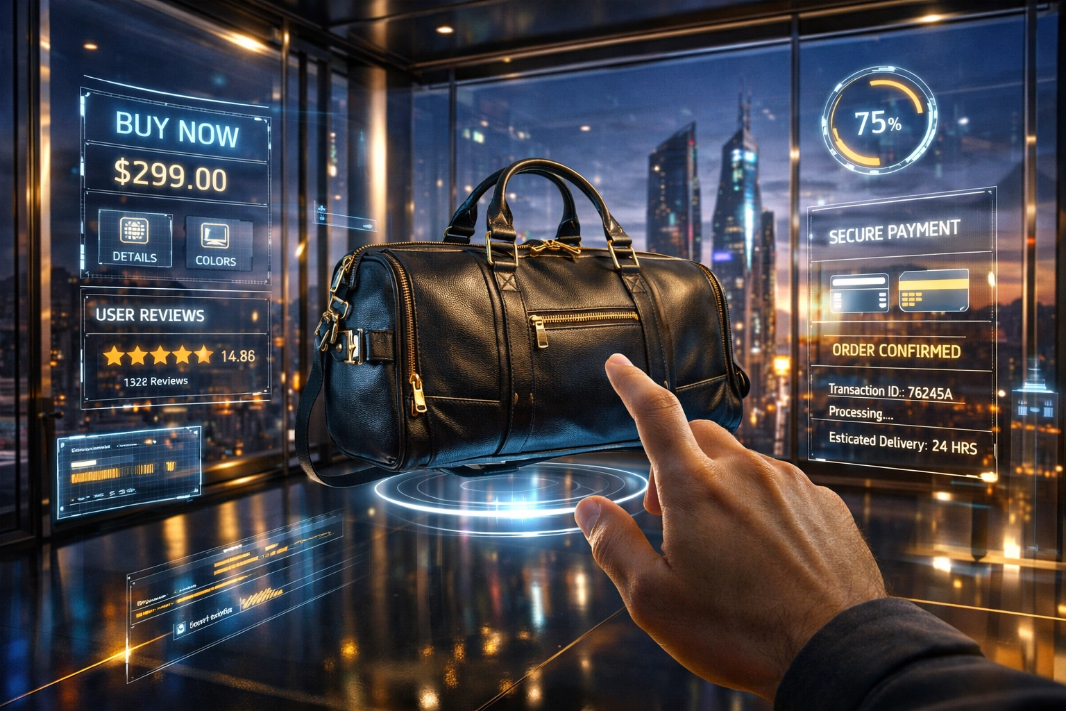 Futuristic metaverse shopping experience featuring holographic products and Larecoin LUSD payment integration.