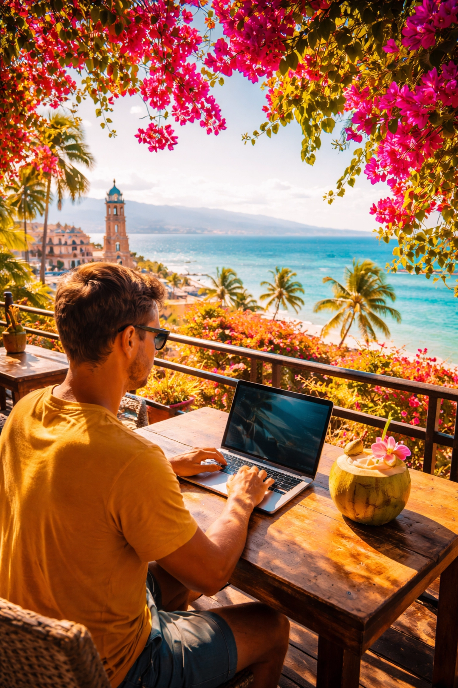 Digital nomad working at a Puerto Vallarta café terrace with ocean views and tropical scenery