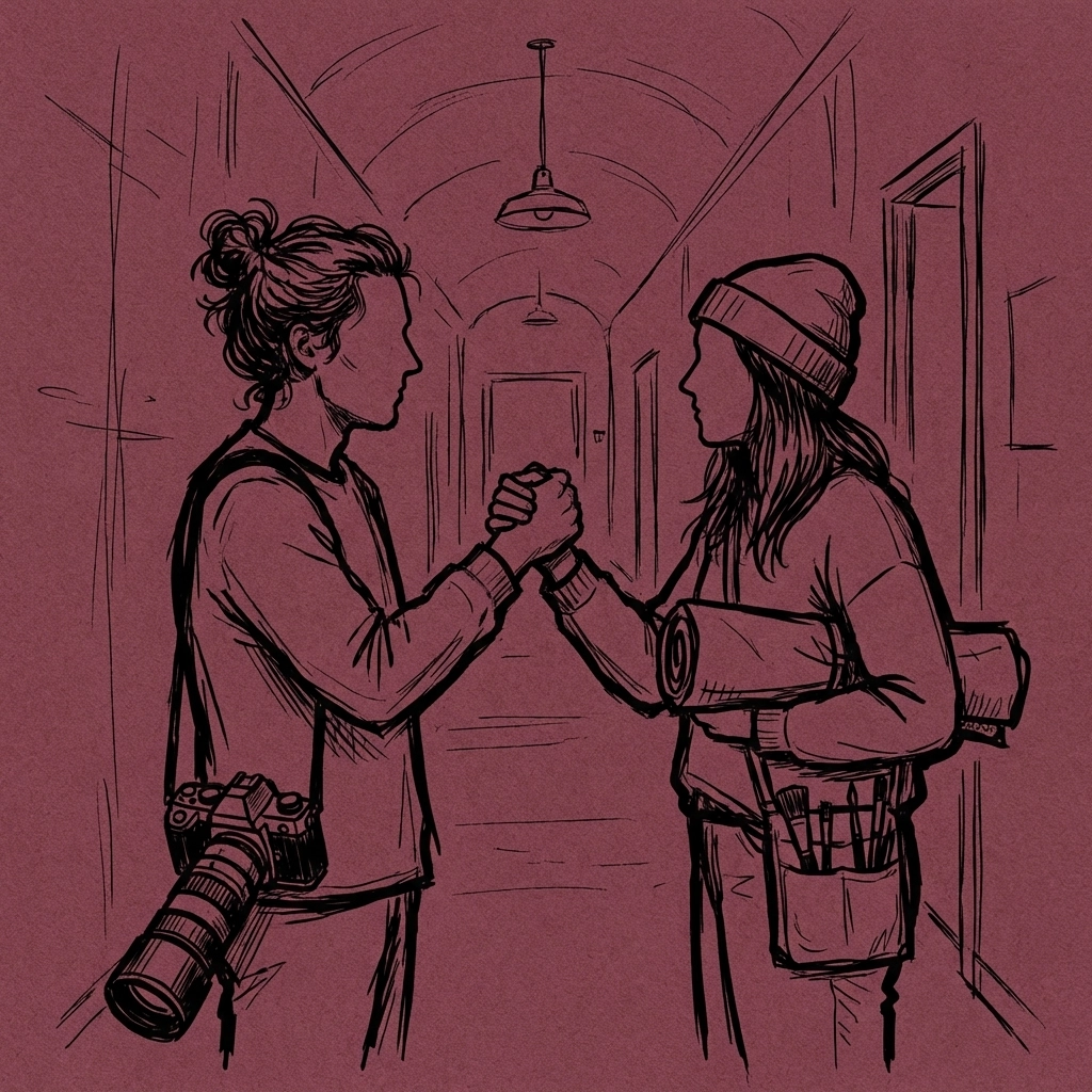 Two diverse creators meeting in studio hallway for spontaneous collaboration, fostering creative community