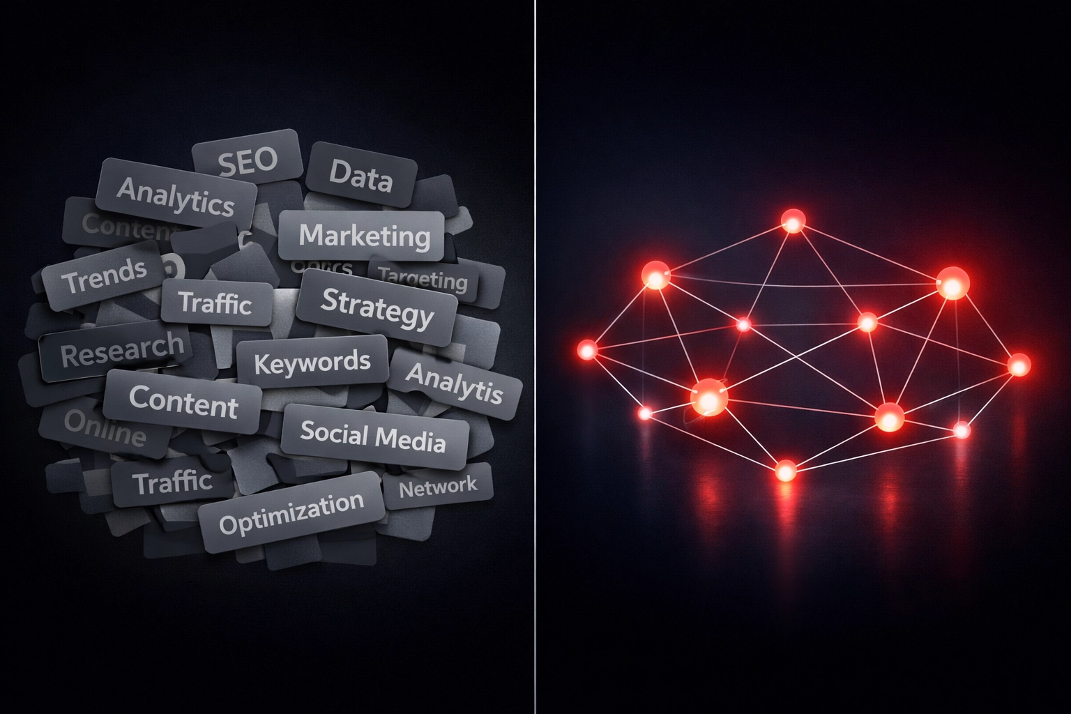 Cluttered keyword tags versus clean knowledge graph for GEO content strategy