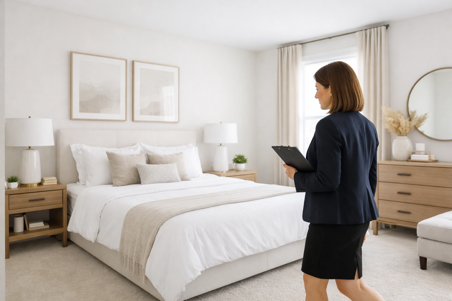 Property manager inspecting a bright Indianapolis apartment bedroom to ensure a 5-star move-in ready turnover.