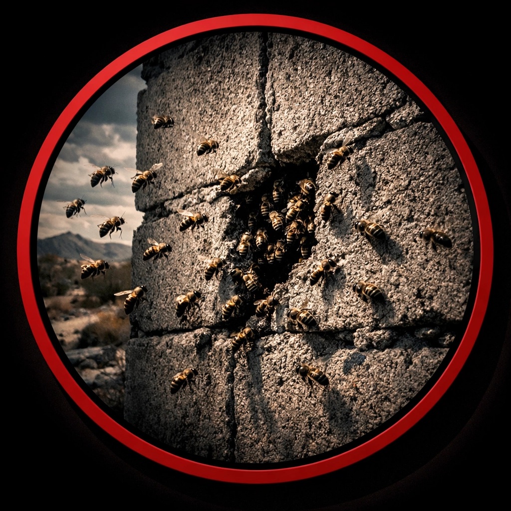 Dangerous bee colony swarming a crack in a residential block wall in Coolidge, AZ.