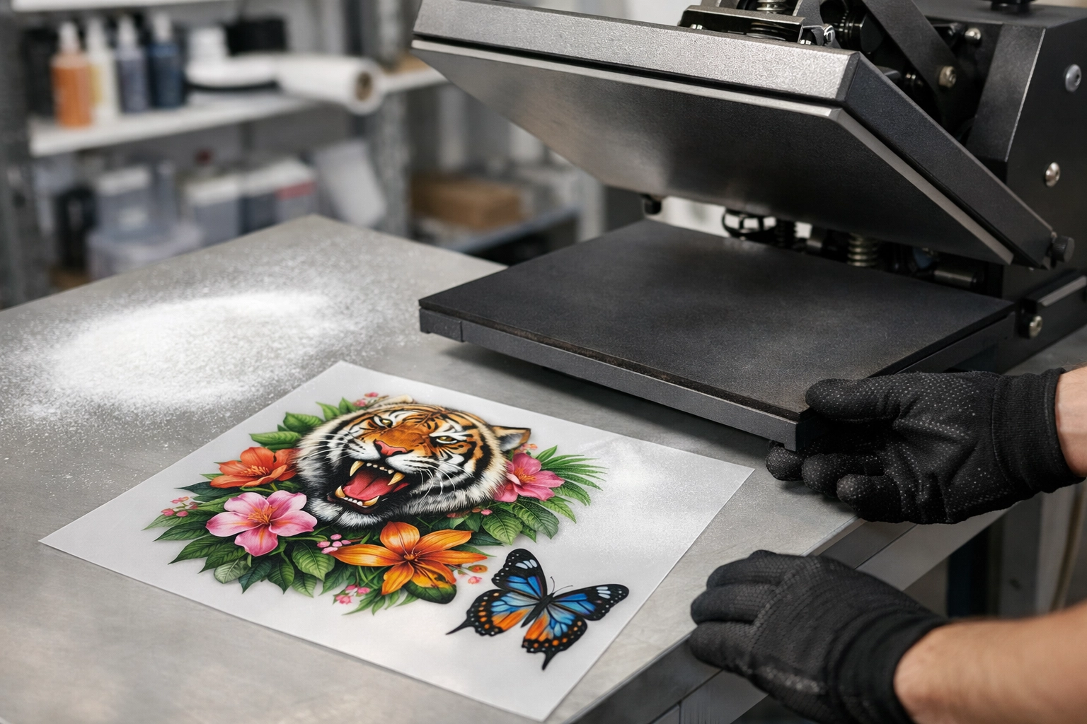 DTF printing process with design film and heat press for custom apparel production