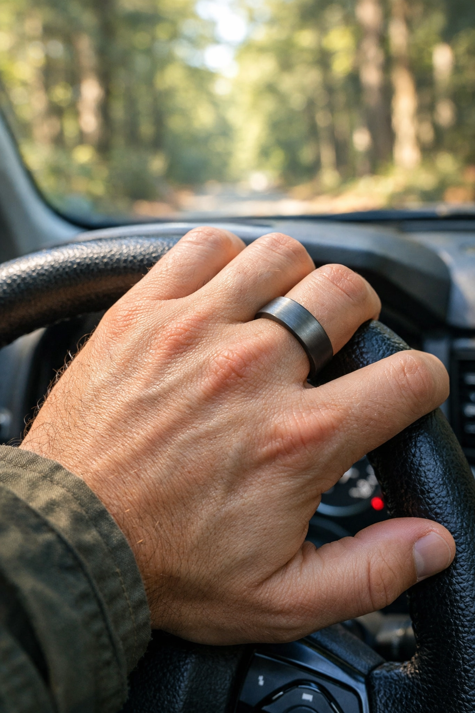 A man wearing a comfort-fit brushed tantalum wedding band while driving, highlighting durability and style.