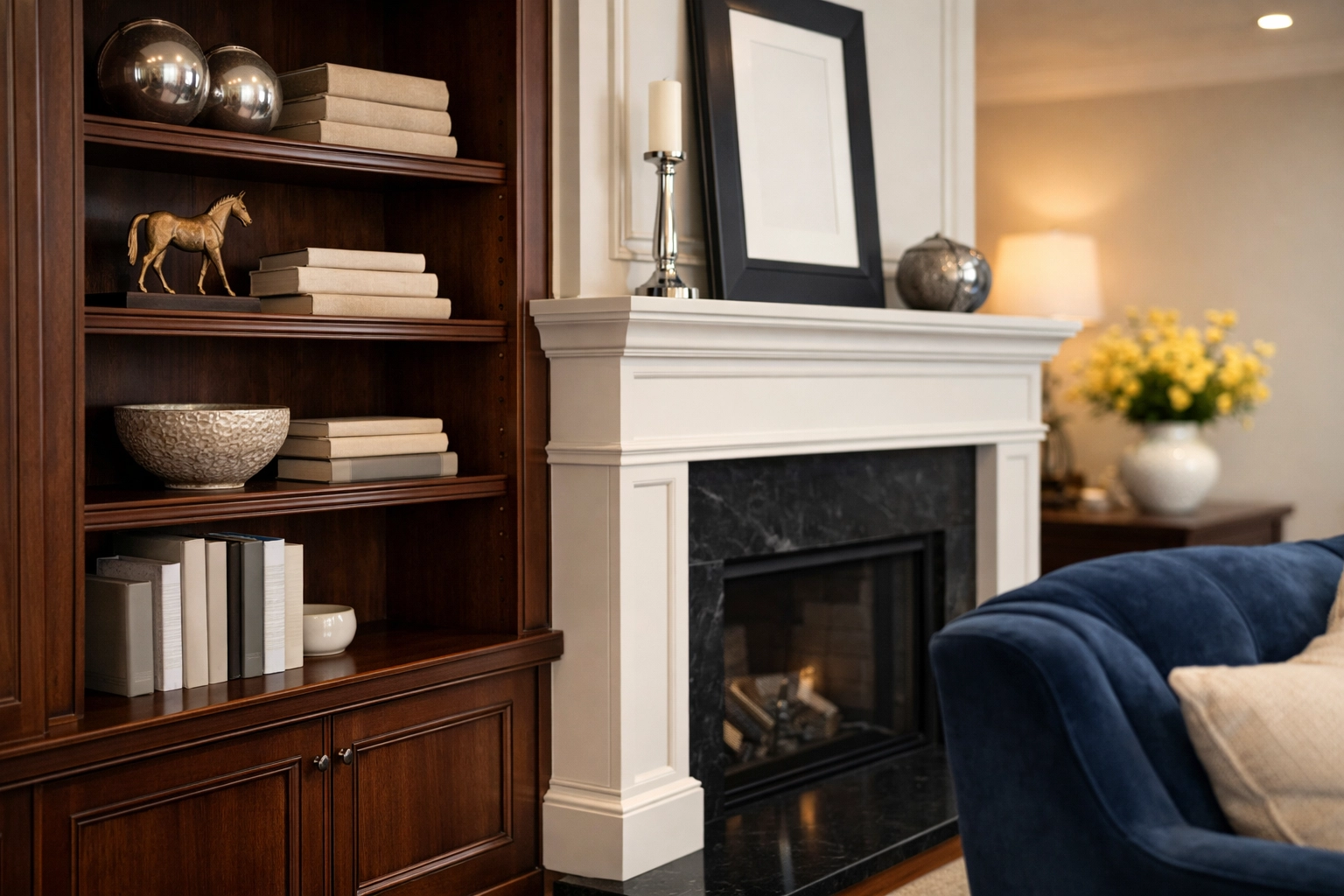 Detailed dust removal and post construction cleaning in Maynard on high-end built-in bookshelves.