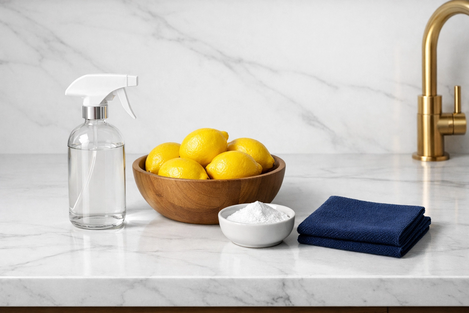 Natural DIY cleaning ingredients like lemons and baking soda on a luxury marble kitchen countertop.