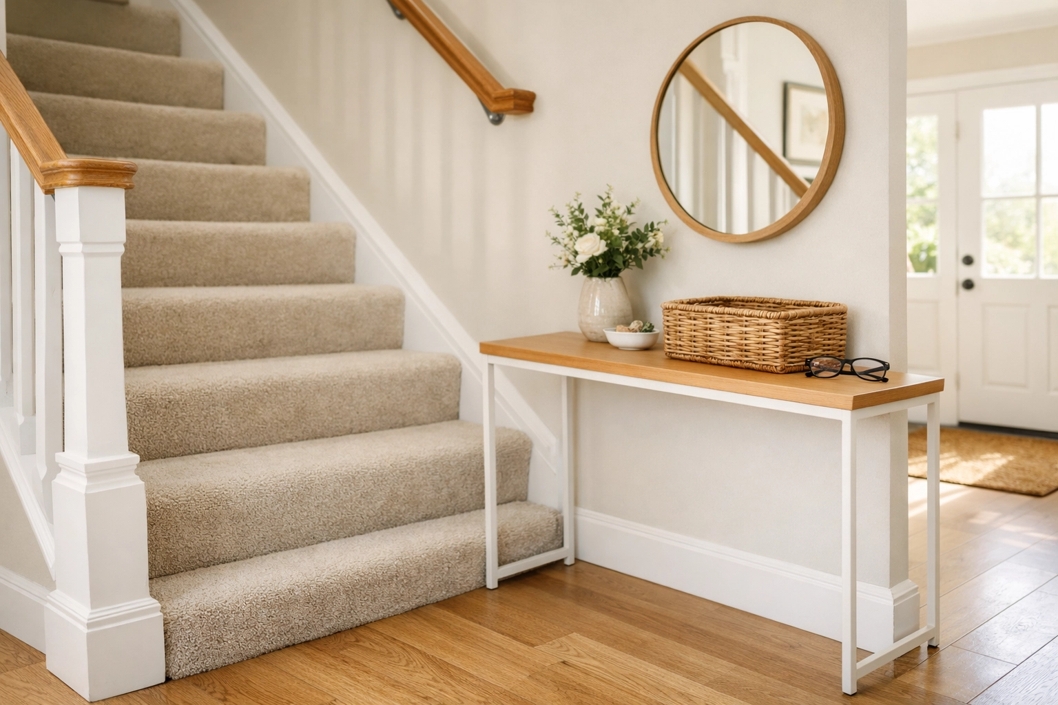 A clean, clutter-free staircase with a side console table for storage to keep steps clear of trip hazards.