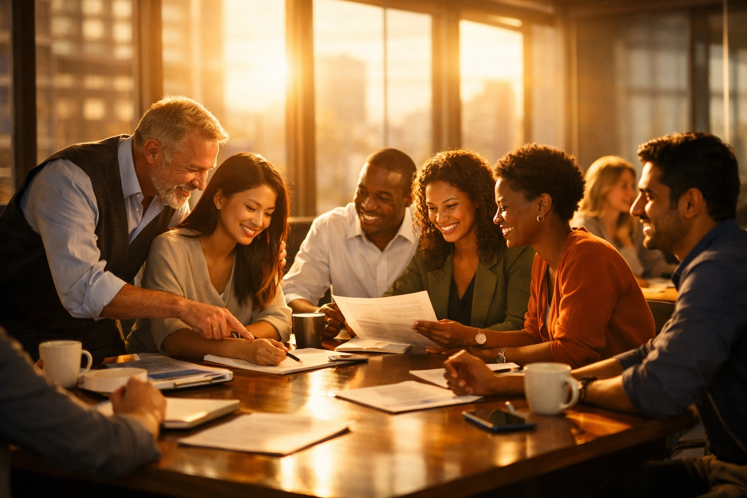 Insurance agency team collaborating and mentoring around conference table, building lasting careers together