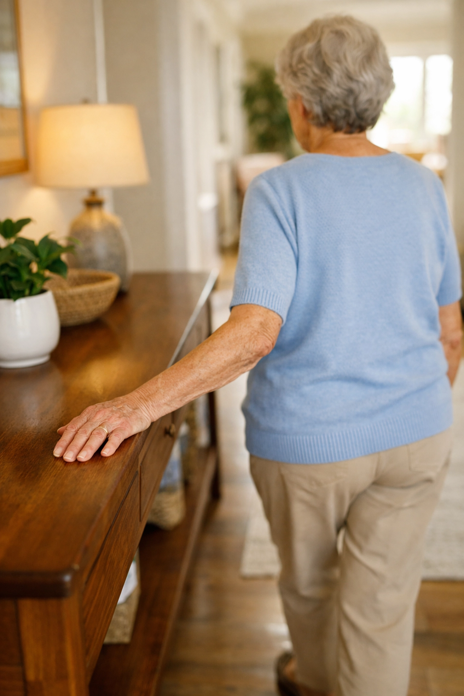 Older woman using furniture for balance while walking, identifying mobility challenges and fall risks.