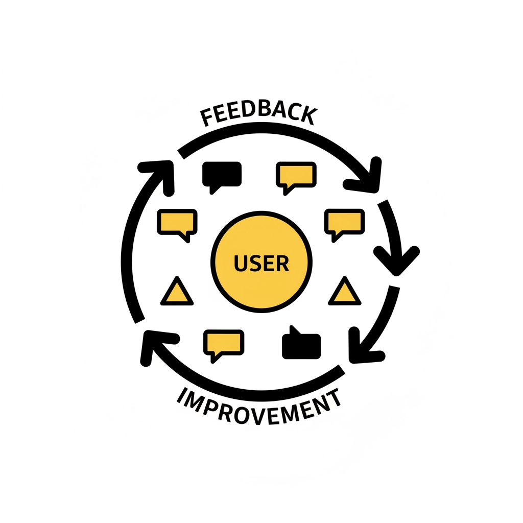 Circular diagram with "USER" in the center. Arrows link "FEEDBACK" and "IMPROVEMENT." Yellow icons and speech bubbles surround.