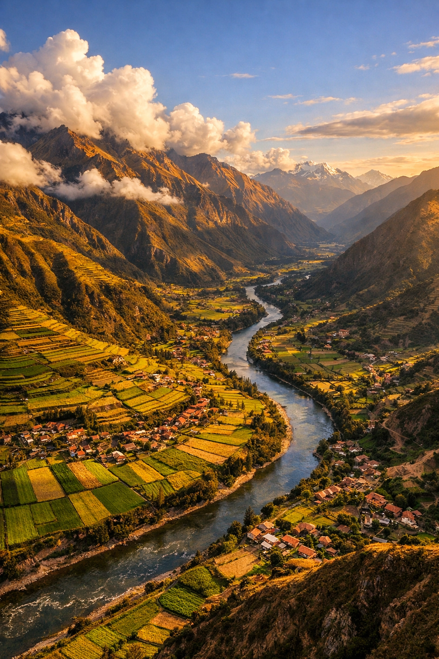 Sacred Valley Peru aerial view showing terraced fields and Andean mountains for student acclimatization
