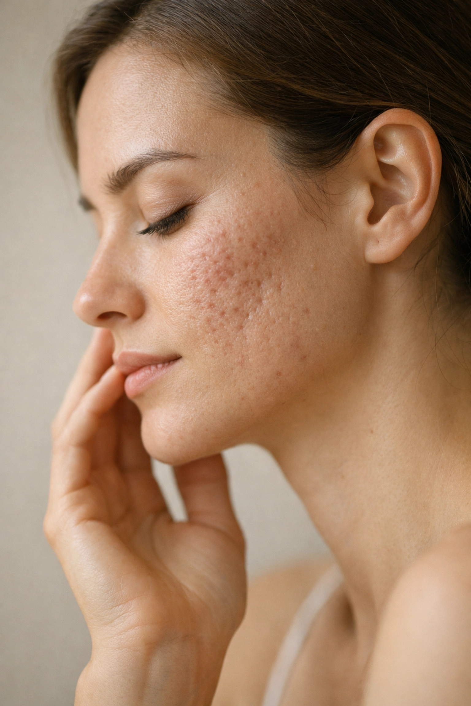 Woman touching face showing visible acne scars and skin texture