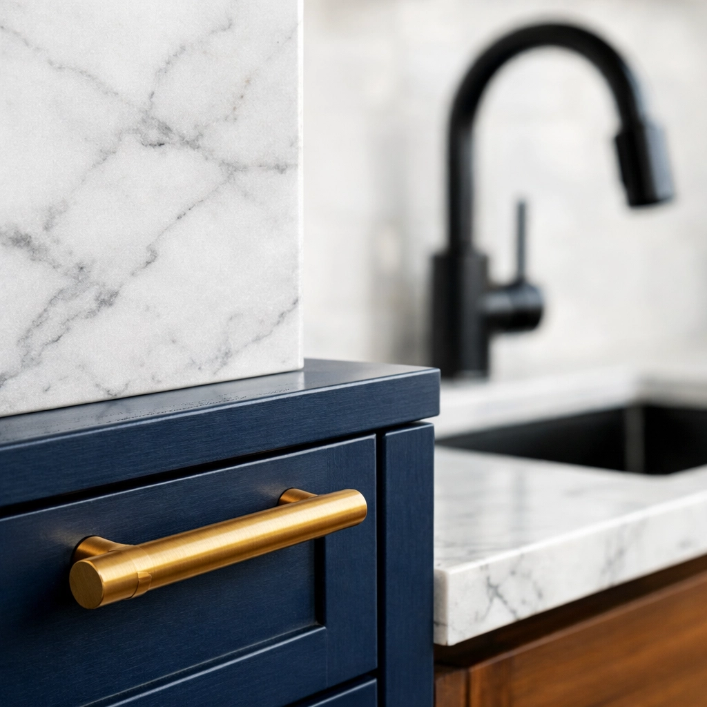 High-end kitchen remodel details featuring a marble backsplash and navy shaker cabinets in Central Ohio.