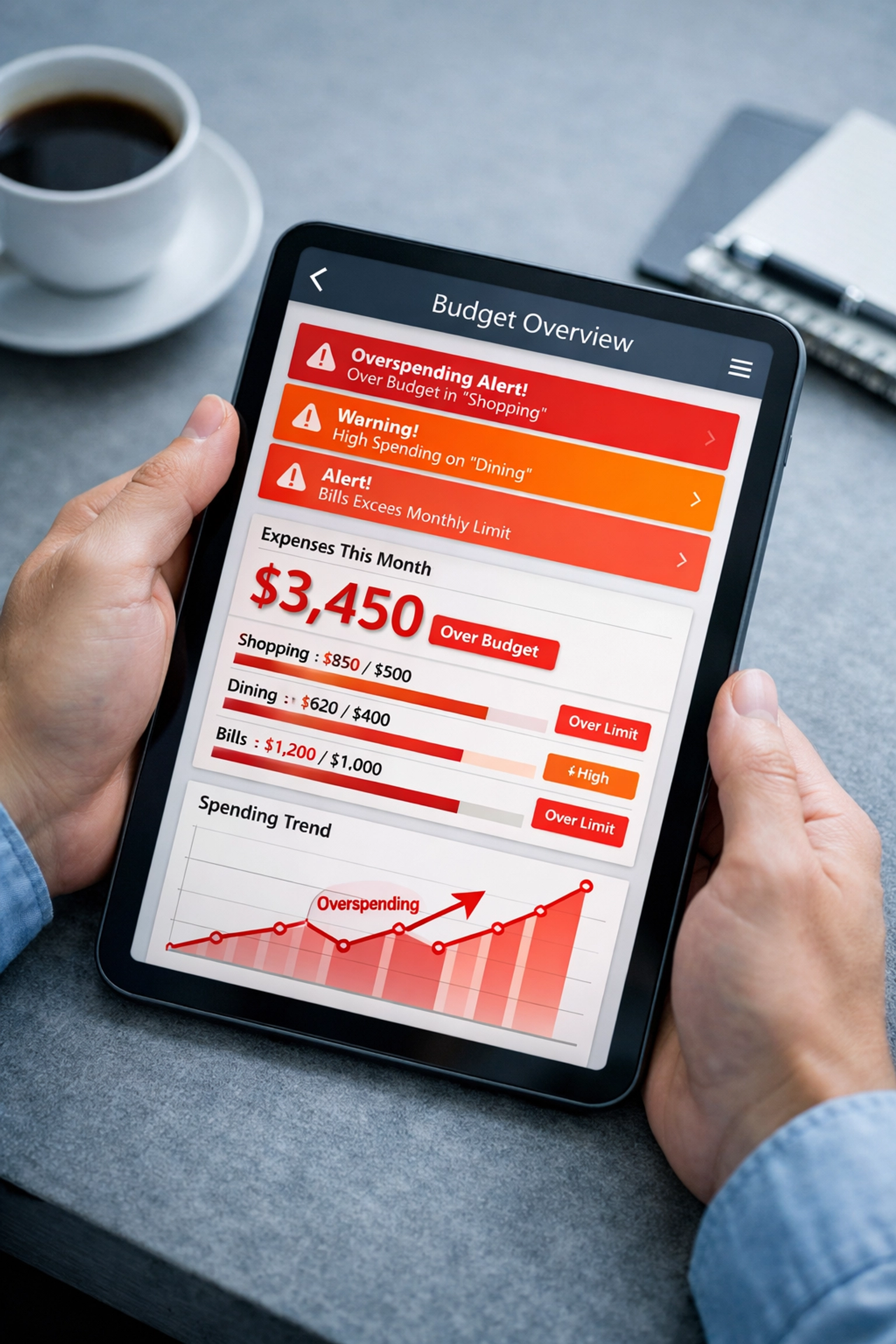 Budget tracking tablet showing overspending alerts from AI shopping agent activity
