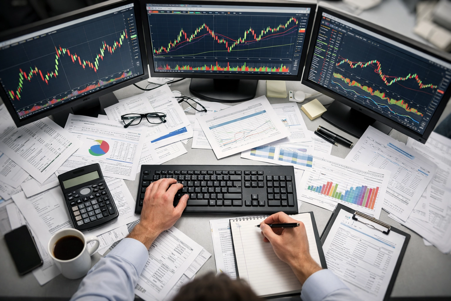 Cluttered desk with multiple monitors showing stock charts representing Wall Street activity and fees