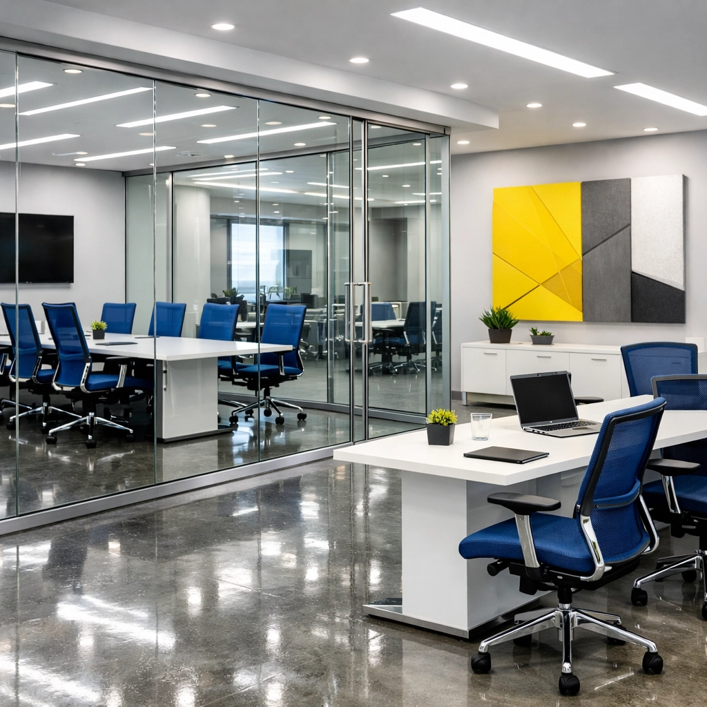 Sanitized modern commercial office in MetroWest Massachusetts, perfect for high-end professional business settings.