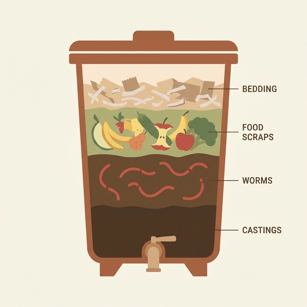 Cross-section illustration of a worm composting bin with bedding, food scraps, and red wiggler worms